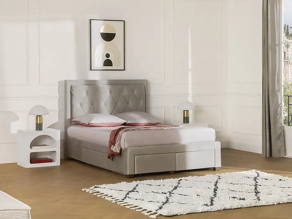 Vente-unique Lit avec tiroirs 140 x 190 cm - Tissu velours - Beige - LEOPOLD Online