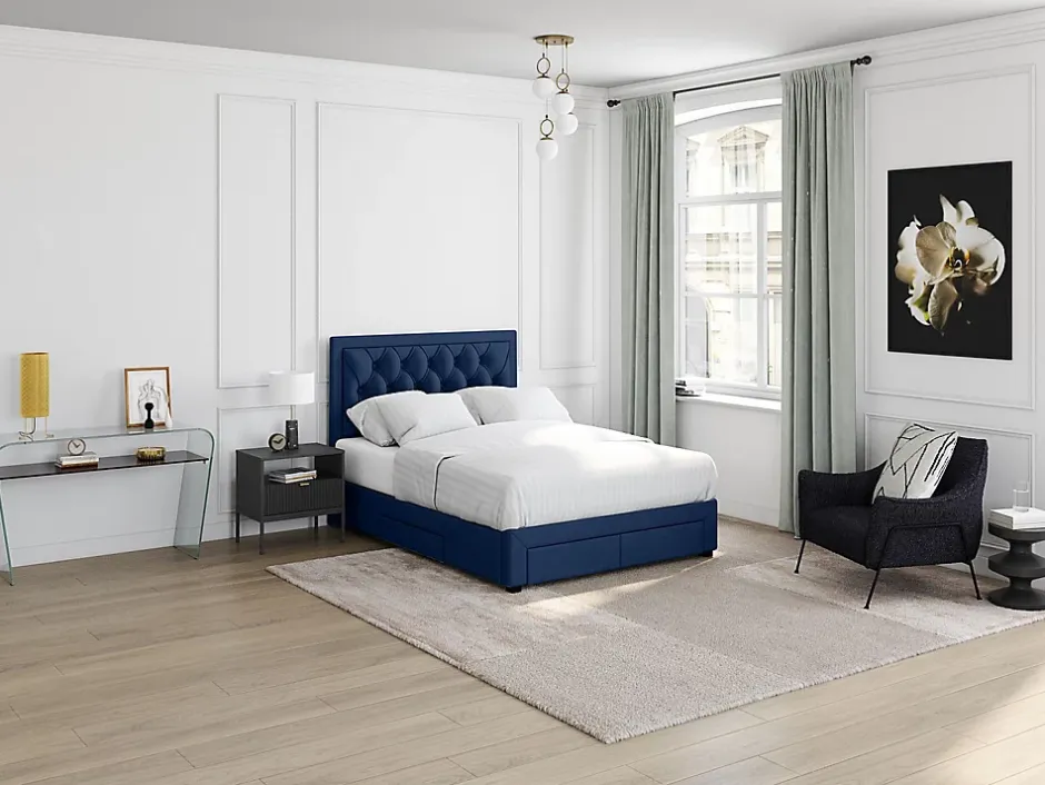 Vente-unique Lit avec tiroirs 160 x 200 cm - Tissu velours bleu + Matelas - LEOPOLD New