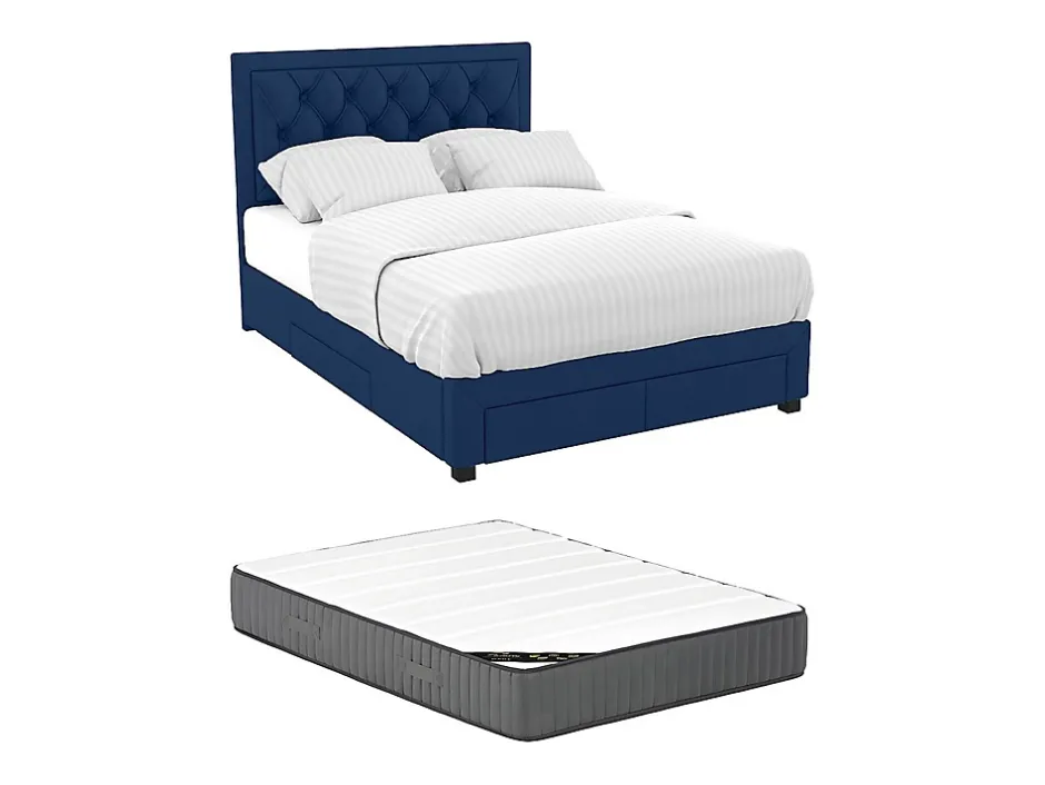Vente-unique Lit avec tiroirs 160 x 200 cm - Tissu velours bleu + Matelas - LEOPOLD New
