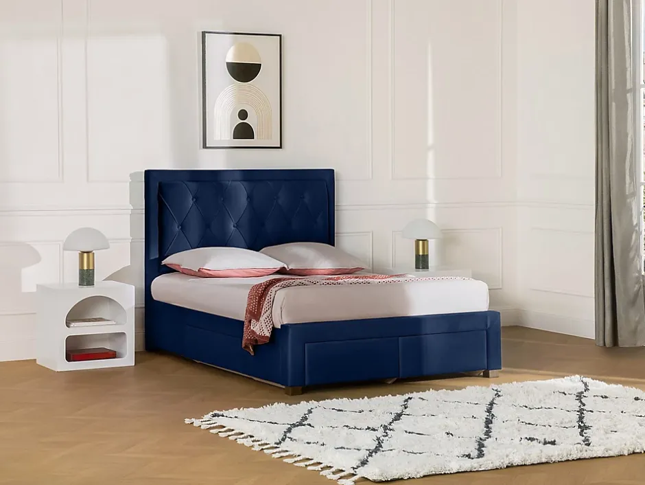 Vente-unique Lit avec tiroirs 160 x 200 cm - Tissu velours bleu + Matelas - LEOPOLD New