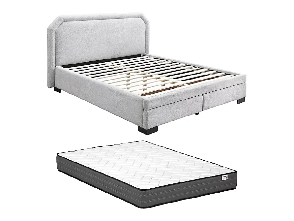 Vente-unique Lit avec tiroirs 160 x 200 cm - Tissu - Gris clair + Matelas - INASTO Clearance