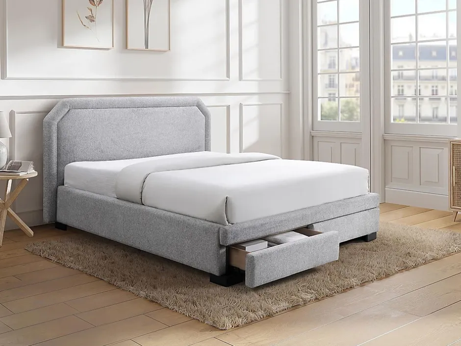 Vente-unique Lit avec tiroirs 160 x 200 cm - Tissu - Gris clair - INASTO Sale