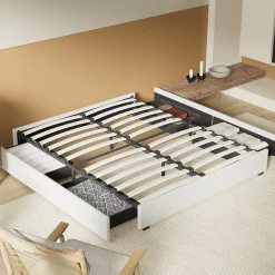 November Lit avec tiroirs 140 x 190 cm, Sommier à lattes en bois, Cadre en tissu blanc