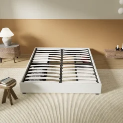November Lit avec tiroirs 140 x 200 cm, Sommier à lattes en bois, Cadre en tissu blanc Outlet