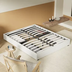 November Lit avec tiroirs 140 x 200 cm, Sommier à lattes en bois, Cadre en tissu blanc Outlet