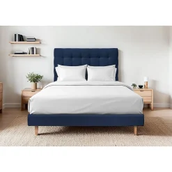 Sommeil De Plomb Lit avec tête de lit capitonnée velours et sommier kit - Lit en bois massif