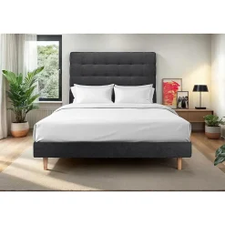 Sommeil De Plomb Lit avec tête de lit capitonnée tissu et sommier kit - Lit en bois massif