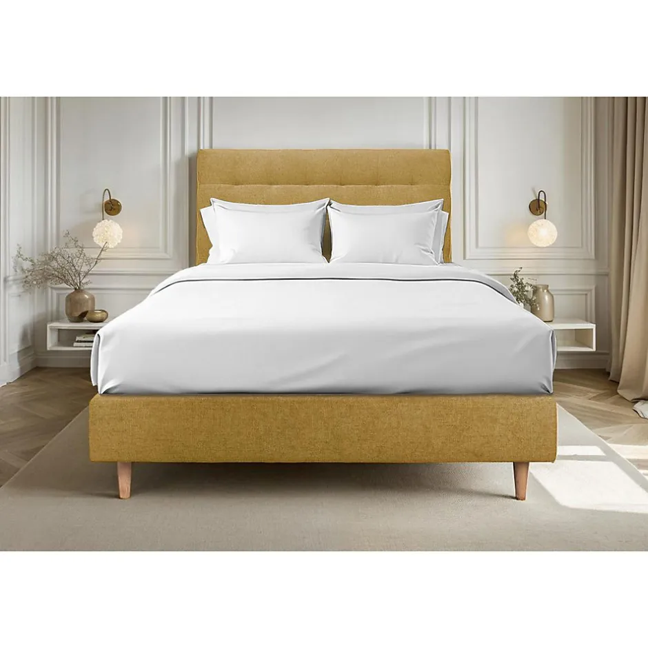 Sommeil De Plomb Lit avec tête de lit capitonnée tissu et sommier tapissier - Lit en bois massif