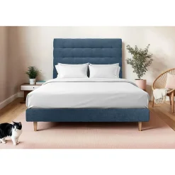 Sommeil De Plomb Lit avec tête de lit capitonnée tissu et sommier tapissier - Lit en bois massif