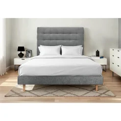 Sommeil De Plomb Lit avec tête de lit capitonnée tissu et sommier kit - Lit en bois massif Outlet