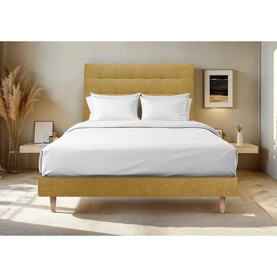 Sommeil De Plomb Lit avec tête de lit capitonnée tissu et sommier kit - Lit en bois massif Outlet