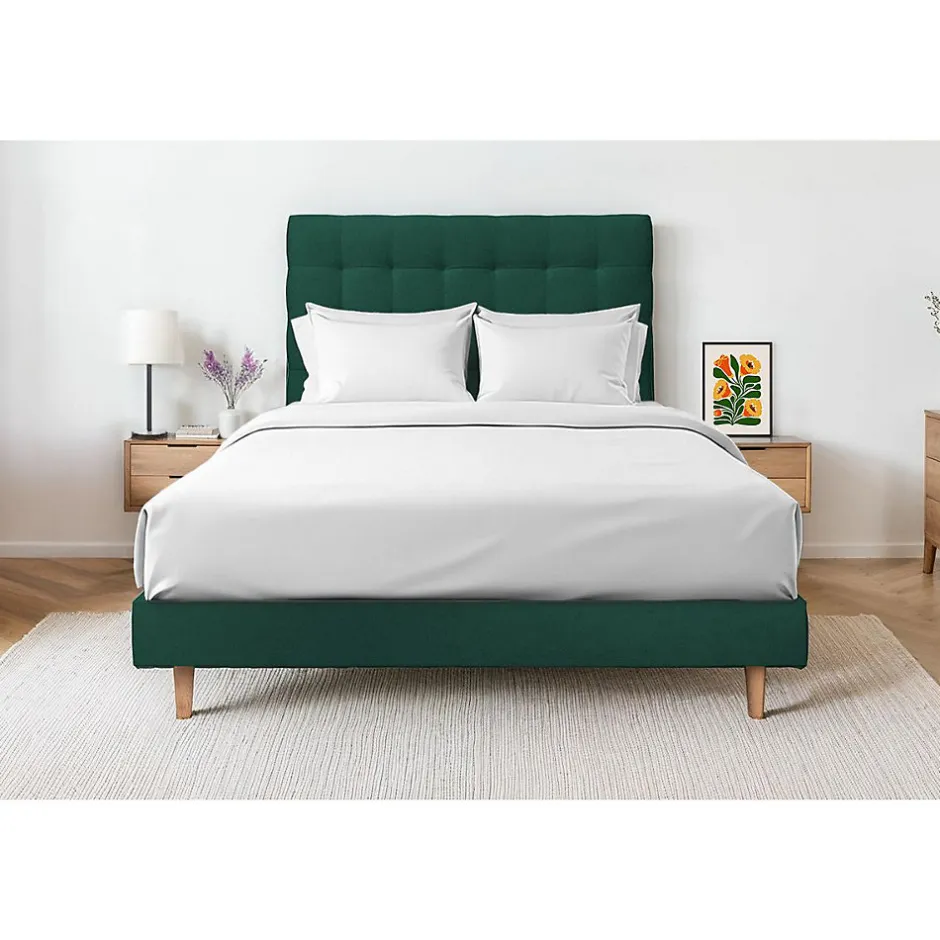 Sommeil De Plomb Lit avec tête de lit capitonnée velours et sommier kit - Lit en bois massif