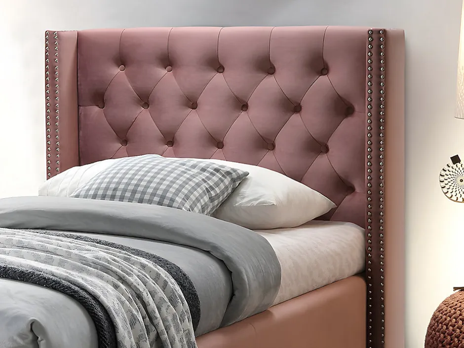 Enfant Vente-unique Lit avec tête de lit capitonnée - 90 x 200 cm - Velours rose - MASSIMO II