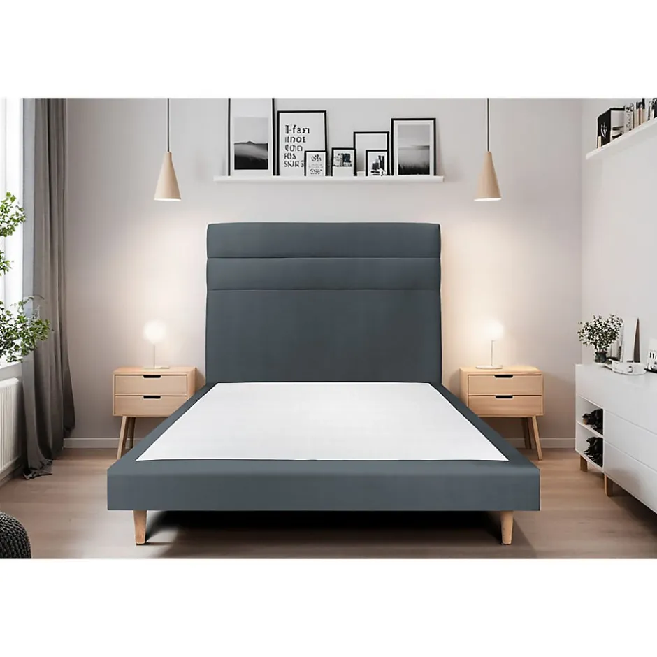 Sommeil De Plomb Lit avec tête de lit lignes velours et sommier tapissier - Lit en bois massif