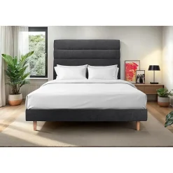 Sommeil De Plomb Lit avec tête de lit lignes tissu et sommier kit - Lit en bois massif Outlet