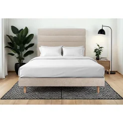 Sommeil De Plomb Lit avec tête de lit lignes tissu et sommier kit - Lit en bois massif