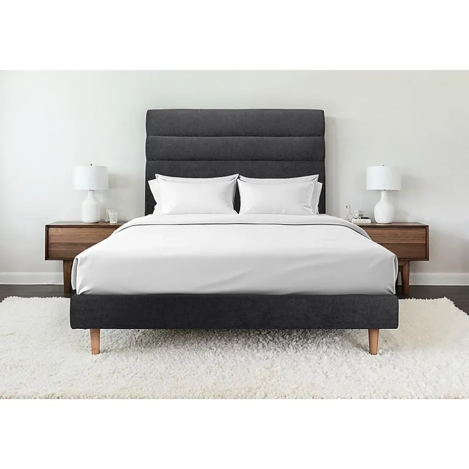 Sommeil De Plomb Lit avec tête de lit lignes tissu et sommier tapissier - Lit en bois massif Outlet