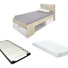 Vente-unique Lit avec tête de lit rangements et tiroir - 90 x 190 cm - Blanc et Naturel + matelas + sommier - LEANDRE