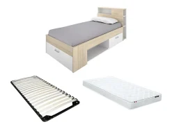Vente-unique Lit avec tête de lit rangements et tiroir - 90 x 190 cm - Blanc et Naturel + matelas + sommier - LEANDRE