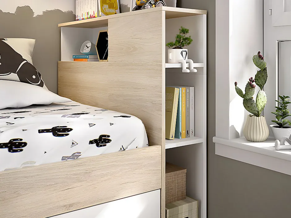 Vente-unique Lit avec tête de lit rangements et tiroir - 90 x 190 cm - Blanc et Naturel + matelas + sommier - LEANDRE