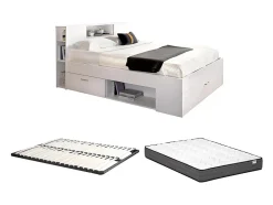 Vente-unique Lit avec tête de lit rangements et tiroirs - 160 x 200 cm - Coloris : Blanc + Sommier + Matelas - LEANDRE