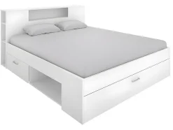 Vente-unique Lit avec tête de lit rangements et tiroirs - 160 x 200 cm - Coloris : Blanc + Sommier + Matelas - LEANDRE