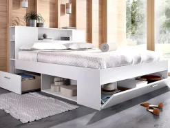 Vente-unique Lit avec tête de lit rangements et tiroirs - 160 x 200 cm - Coloris : Blanc + Sommier + Matelas - LEANDRE