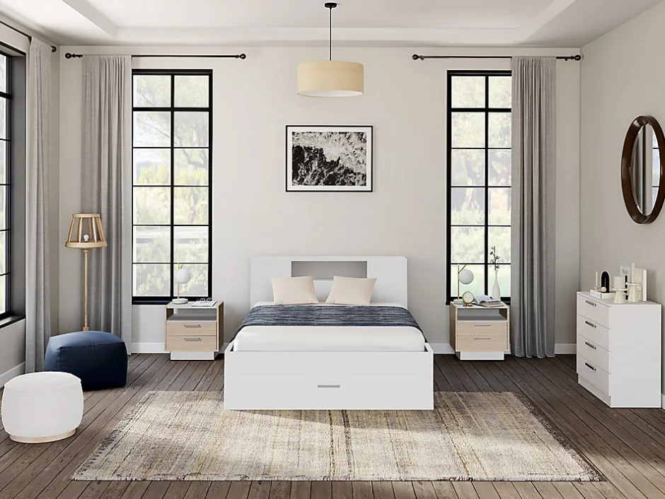 Vente-unique Lit avec tête de lit rangements et tiroirs - 140 x 190 cm - Coloris : Blanc - LEANDRE Outlet