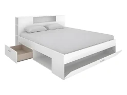 Vente-unique Lit avec tête de lit rangements et tiroirs - 140 x 190 cm - Coloris : Blanc - LEANDRE Outlet