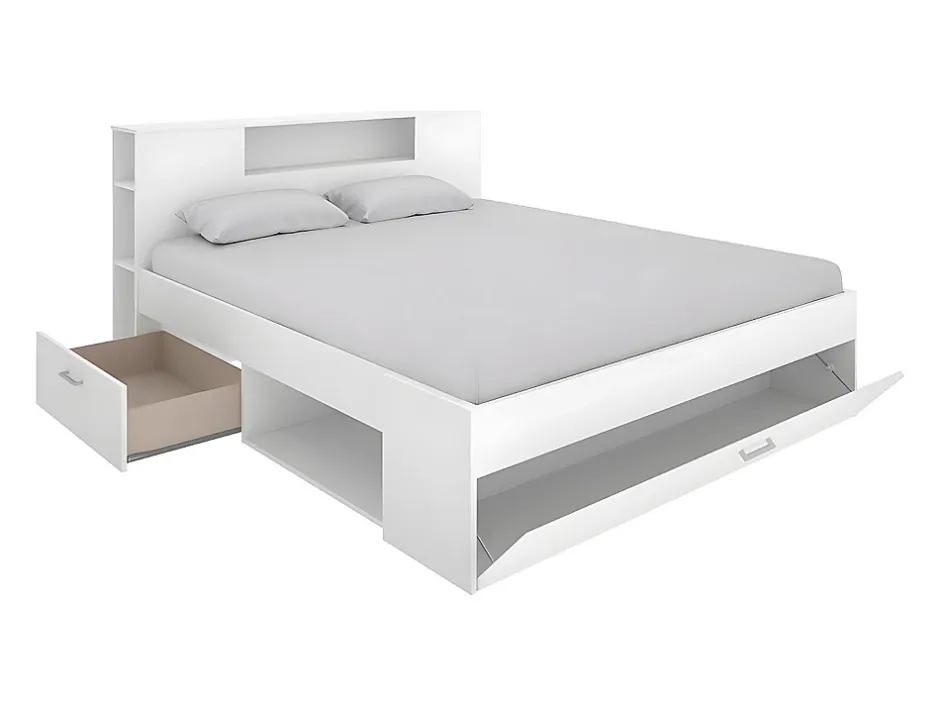Vente-unique Lit avec tête de lit rangements et tiroirs - 140 x 190 cm - Coloris : Blanc - LEANDRE Outlet