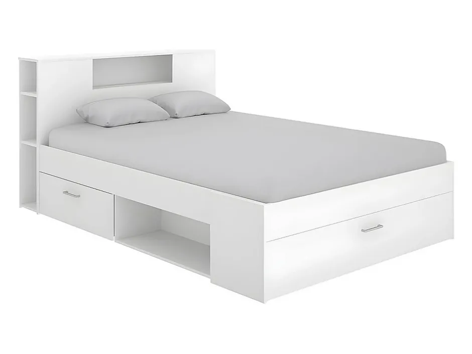 Vente-unique Lit avec tête de lit rangements et tiroirs - 140 x 190 cm - Coloris : Blanc - LEANDRE Outlet