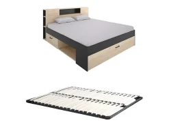 Vente-unique Lit avec tête de lit rangements et tiroirs - 140 x 190 cm - Coloris : Naturel et anthracite + Sommier - LEANDRE Clearance
