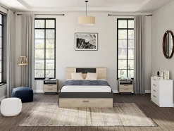 Vente-unique Lit avec tête de lit rangements et tiroirs - 140 x 190 cm - Coloris : Naturel et anthracite + Sommier - LEANDRE Clearance