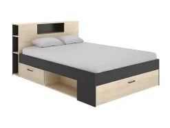 Vente-unique Lit avec tête de lit rangements et tiroirs - 140 x 190 cm - Coloris : Naturel et anthracite + Sommier - LEANDRE Clearance