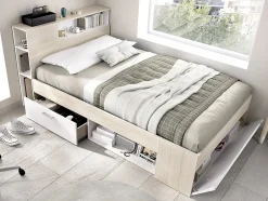 Vente-unique Lit avec tête de lit rangements et tiroir - 120 x 190 cm - Naturel et blanc + Sommier + Matelas - LEANDRE
