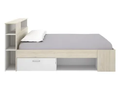 Vente-unique Lit avec tête de lit rangements et tiroir - 120 x 190 cm - Naturel et blanc + Sommier + Matelas - LEANDRE
