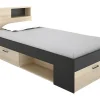 Vente-unique Lit avec tête de lit rangements et tiroir - 90 x 190 cm - Anthracite et naturel - LEANDRE