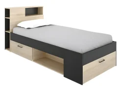 Vente-unique Lit avec tête de lit rangements et tiroir - 90 x 190 cm - Anthracite et naturel - LEANDRE