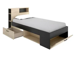 Vente-unique Lit avec tête de lit rangements et tiroir - 90 x 190 cm - Anthracite et naturel - LEANDRE