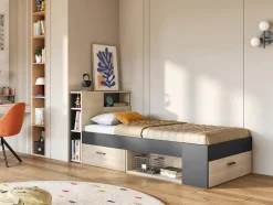 Vente-unique Lit avec tête de lit rangements et tiroir - 90 x 190 cm - Anthracite et naturel - LEANDRE