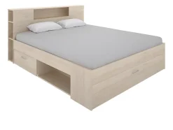 Vente-unique Lit avec tête de lit rangements et tiroirs - 140 x 190 cm - Coloris : Naturel - LEANDRE Discount