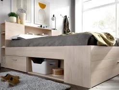 Vente-unique Lit avec tête de lit rangements et tiroirs - 140 x 190 cm - Coloris : Naturel - LEANDRE Discount