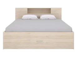 Vente-unique Lit avec tête de lit rangements et tiroirs - 140 x 190 cm - Coloris : Naturel - LEANDRE Discount