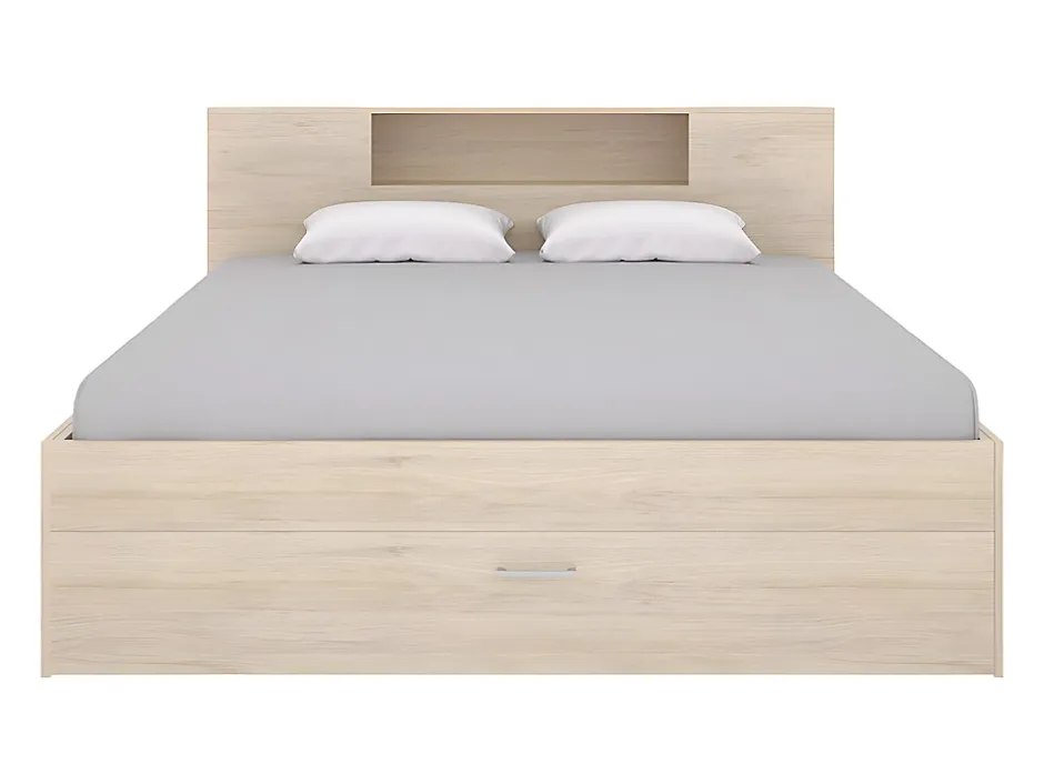 Vente-unique Lit avec tête de lit rangements et tiroirs - 140 x 190 cm - Coloris : Naturel - LEANDRE Discount