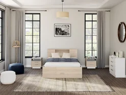 Vente-unique Lit avec tête de lit rangements et tiroirs - 140 x 190 cm - Coloris : Naturel - LEANDRE Discount