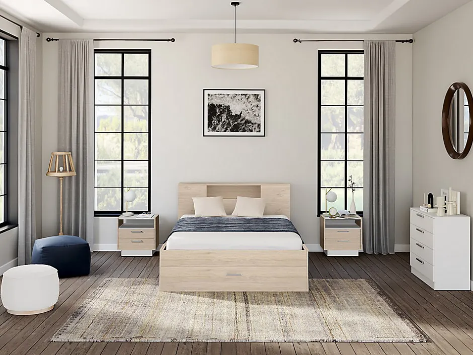 Vente-unique Lit avec tête de lit rangements et tiroirs - 140 x 190 cm - Coloris : Naturel - LEANDRE Discount