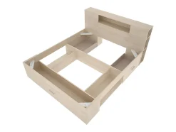 Vente-unique Lit avec tête de lit rangements et tiroirs - 140 x 190 cm - Coloris : Naturel - LEANDRE Discount