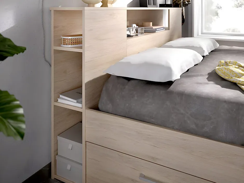 Vente-unique Lit avec tête de lit rangements et tiroirs - 140 x 190 cm - Coloris : Naturel - LEANDRE Discount