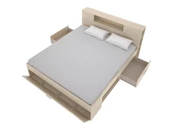 Vente-unique Lit avec tête de lit rangements et tiroirs - 140 x 190 cm - Coloris : Naturel - LEANDRE Discount