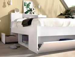 Vente-unique Lit avec tête de lit rangements et tiroirs - 140 x 190 cm - Coloris : Blanc + Sommier + Matelas - LEANDRE Best